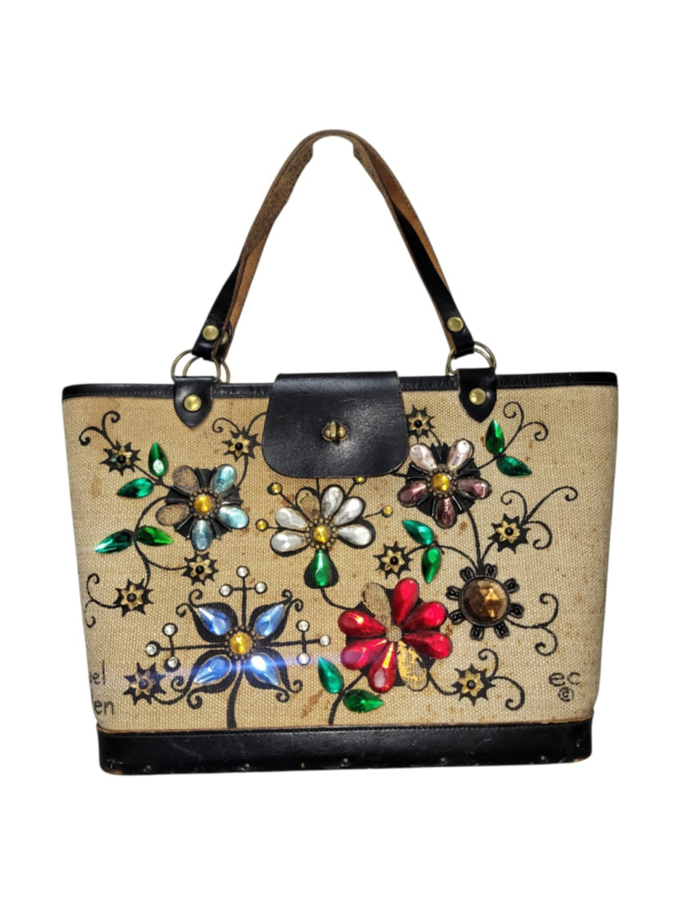 Collins of Texas Jewel Garden Tan Canvas Leather Trim Tote Purse Enid Collins